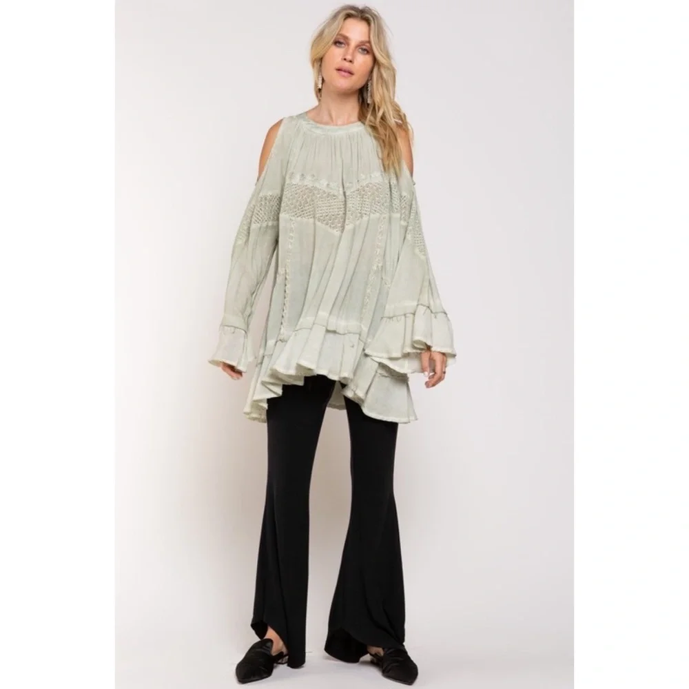 POL Sage Green Long Sleeve Lace Inset Ruffled Tunic Top - Picture 7 of 8